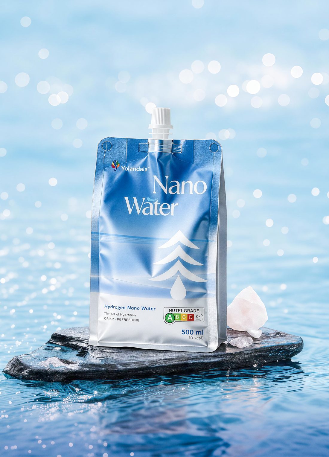 The 500 ml pouch standing on a wet rock in bright, still water