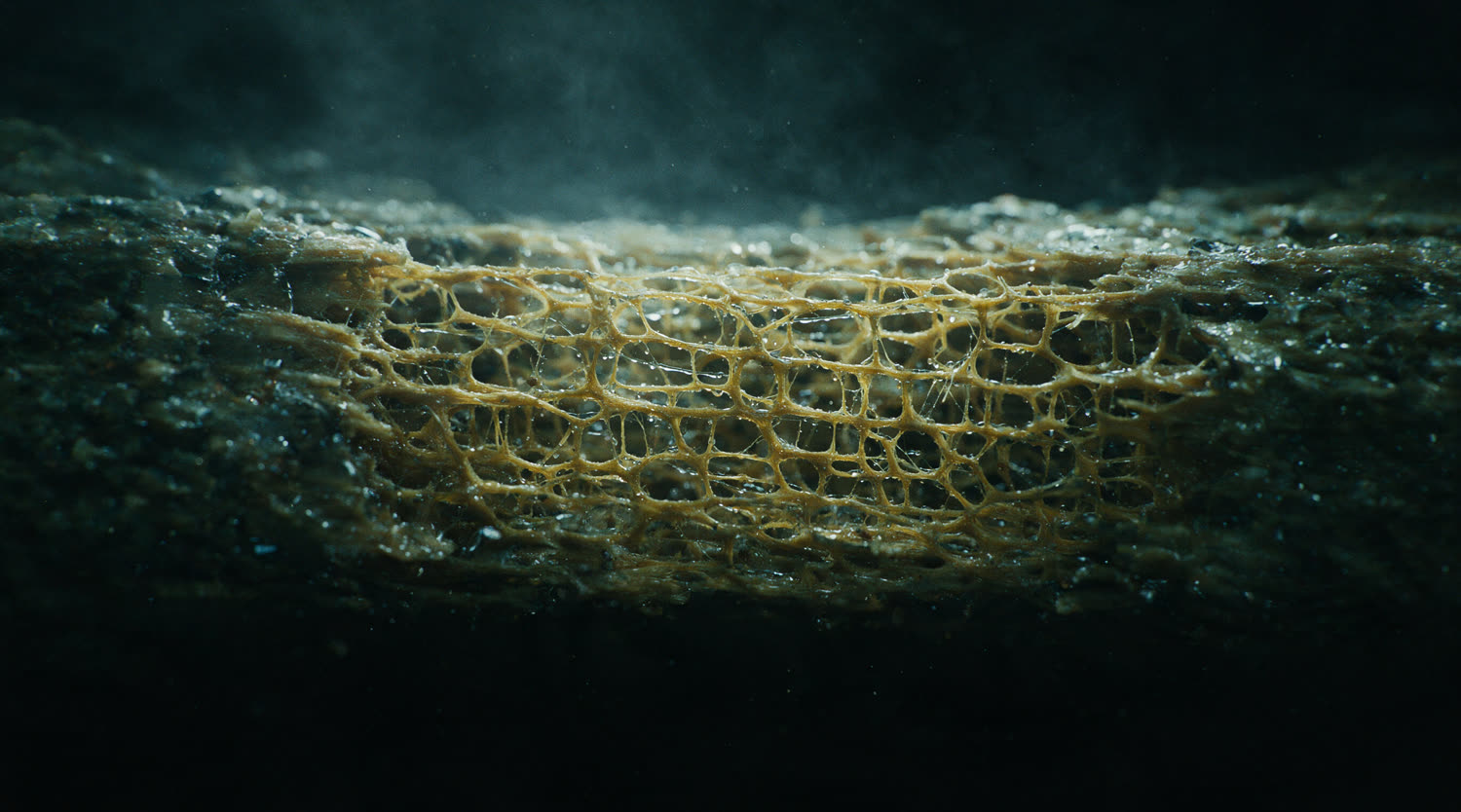 Extreme macro of pine sapwood: a golden lattice of xylem tracheids with water threading through it
