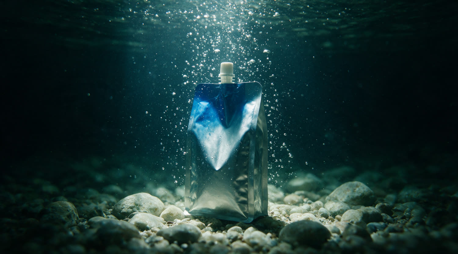 The pouch standing on pale stones underwater, bubbles rising around it
