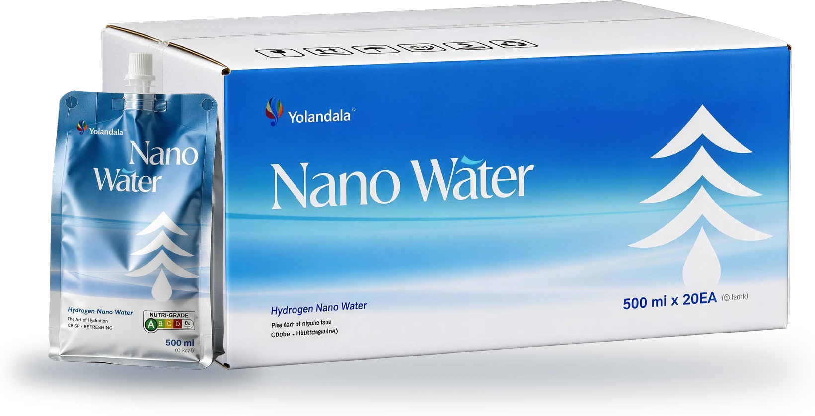 A 500 ml Yolandala Nano Water pouch standing in front of its carton of twenty